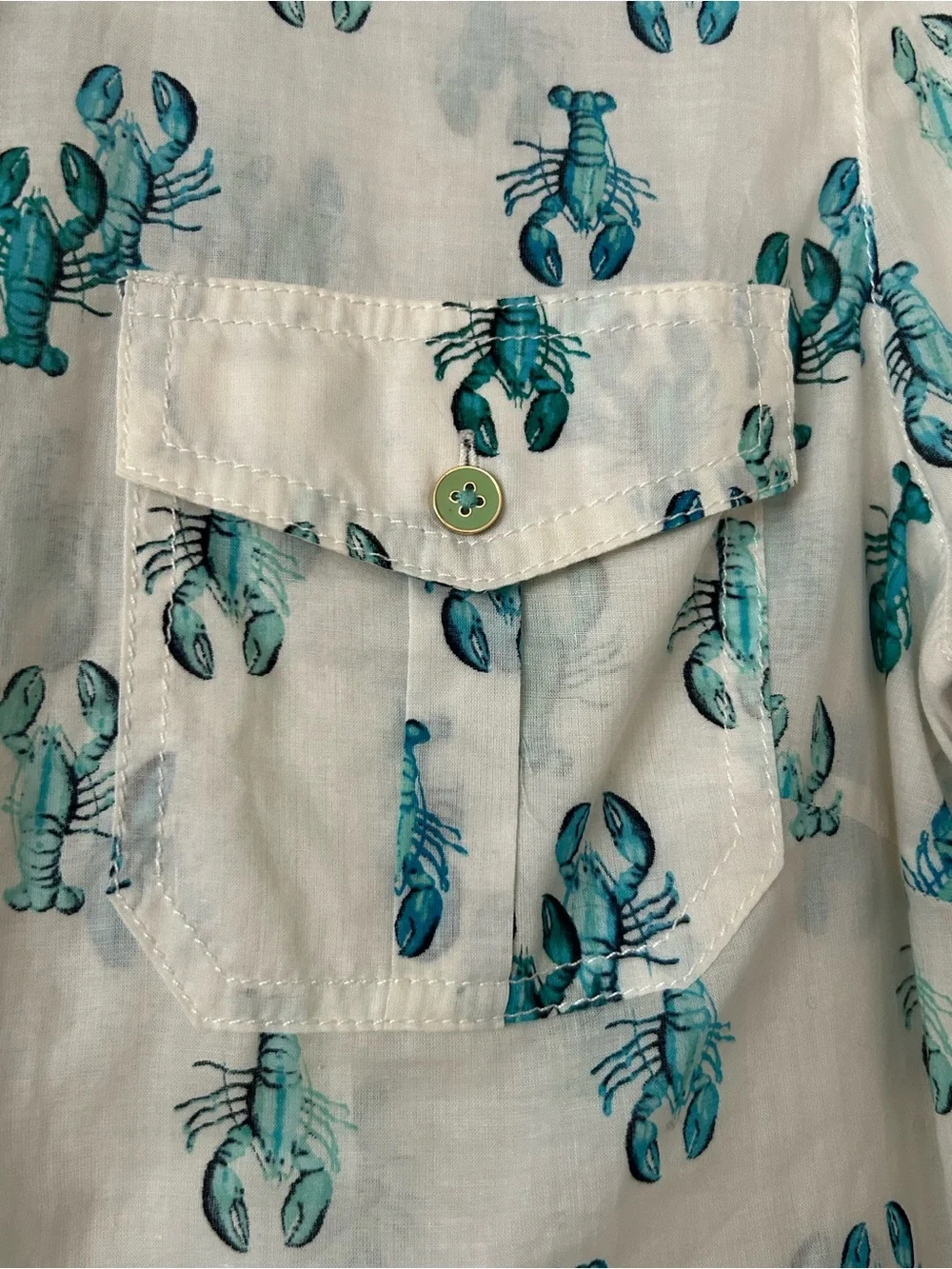 ⛵️⛴️🦞🦞🦞Tory Burch White Shirt with Teal Lobster Print🦞🦞⛵️